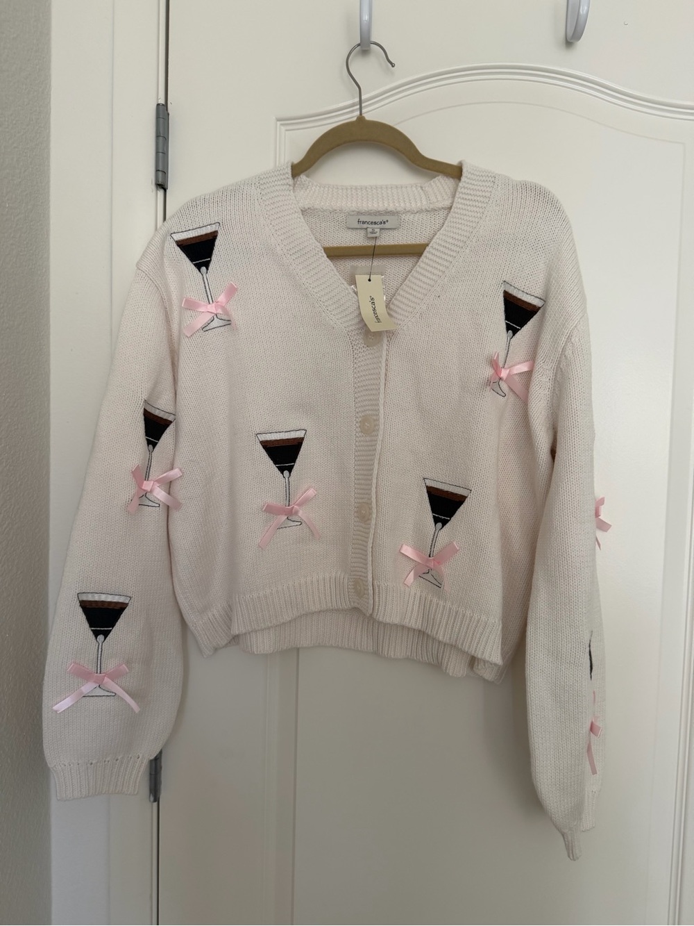 Francesca's Collections White Espresso Martini V-Neck Cardigan with Pink Bows - Picture 3 of 4